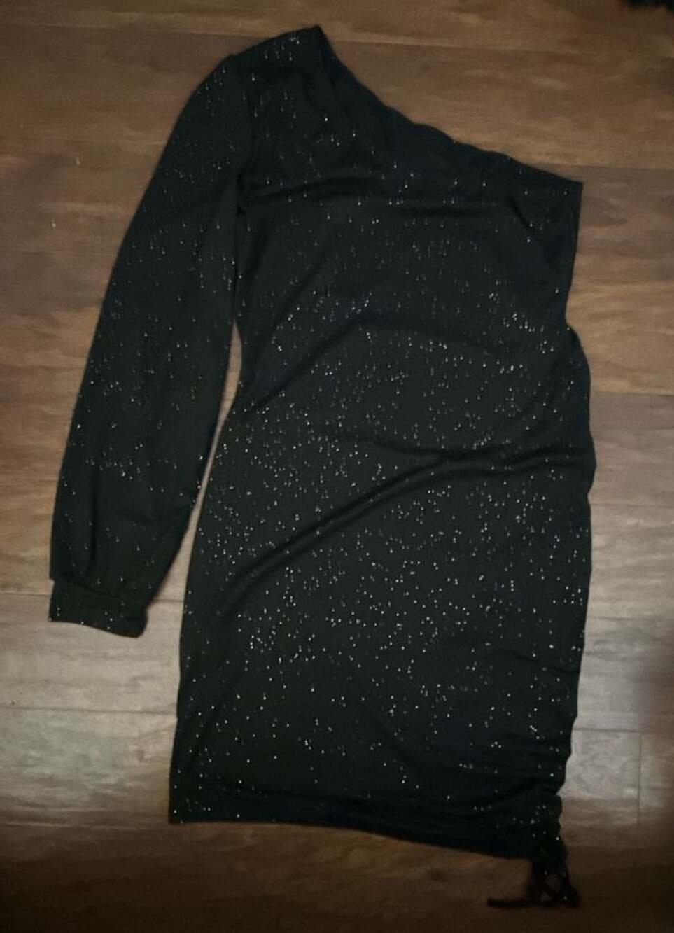 Black One-Shoulder Glitter Metallic Ruched Party Dress